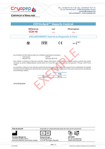 CRYOcheck™ Heparin Control Certificate of analysis